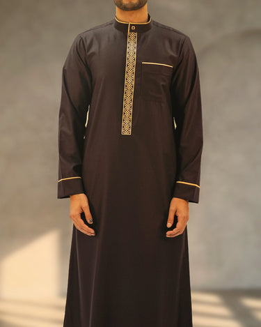 Badr Thobe — Men's Dark Brown Gold Embroidered Saudi Thobe