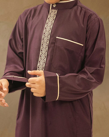 Boys' plum Saudi thobe with cream geometric embroidered placket, band collar, and contrast piped cuffs. - view 2