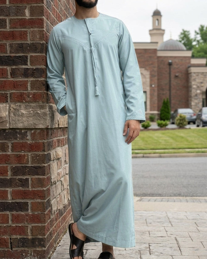 Mirfa Kandura – Men's Light Blue Tassel Emirati Thobe, three-quarter stand – Thobe Wala